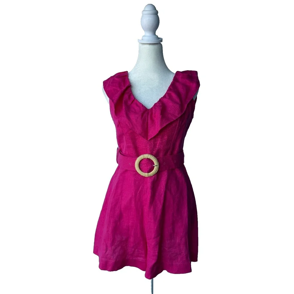 Mango MNG Pink Linen Ruffle Romper S Tropical Vacation Barbiecore Boho Romantic